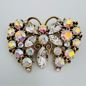 Elegant Aurora Borealis Butterfly Brooch with Sparkling Clear Rhinestones